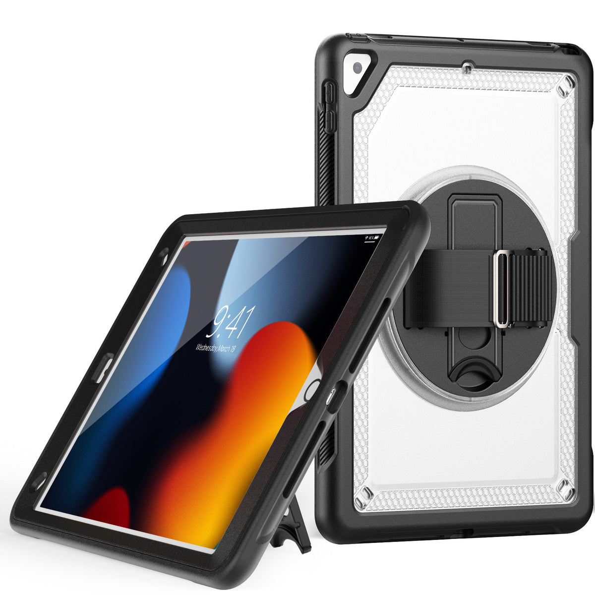 Coque Rigide Transparente avec Support + Dragonne + Sangle de Cou pour iPad Air 5 (2022)/ iPad Air 4 (2020)/ Pro 11 1re génération (2022) /Pro 11 1re génération (2018)