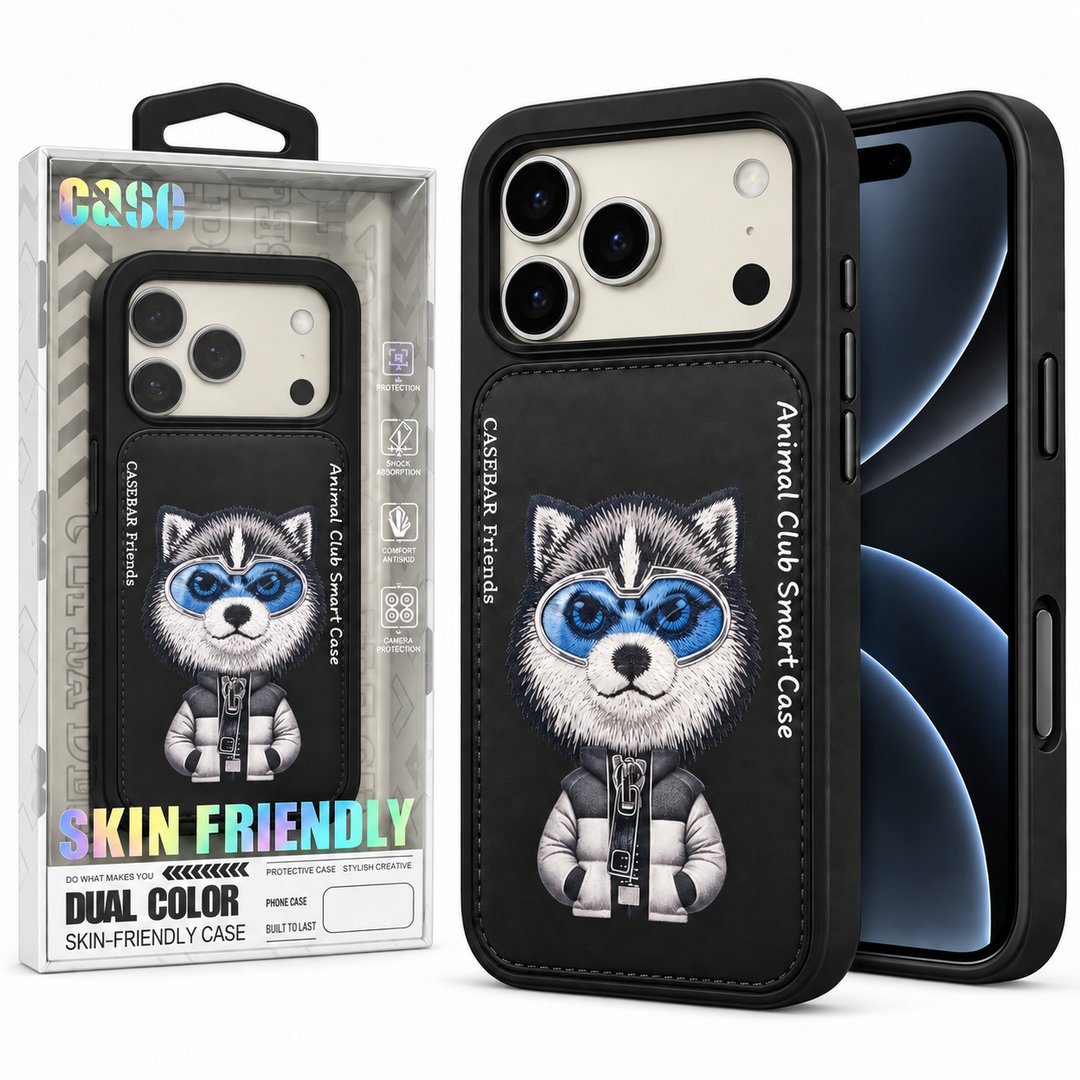 Black ( Husky ) Animal Club Smart Leather Case For Apple Iphone 18 Pro