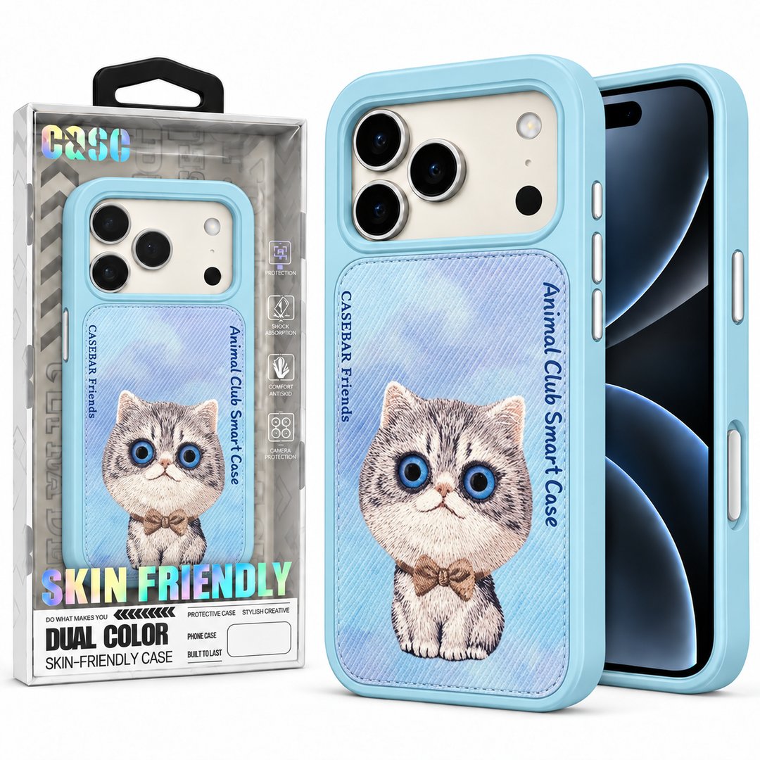 Light Blue ( Cat ) Animal Club Smart Leather Case For Apple Iphone 18 Pro