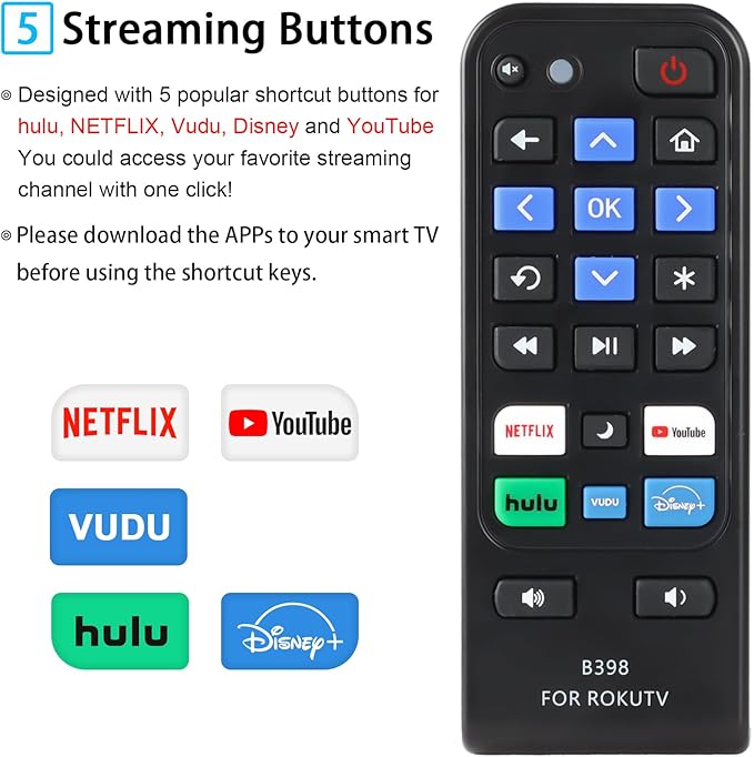 Nouvelle Télécommande de Remplacement Compatible avec les Téléviseurs Roku, Télécommande Universelle Compatible avec les Smart TV TCL Roku/Hisense Roku/Onn Roku/Westinghouse Roku, etc., avec 5 Boutons de Raccourci