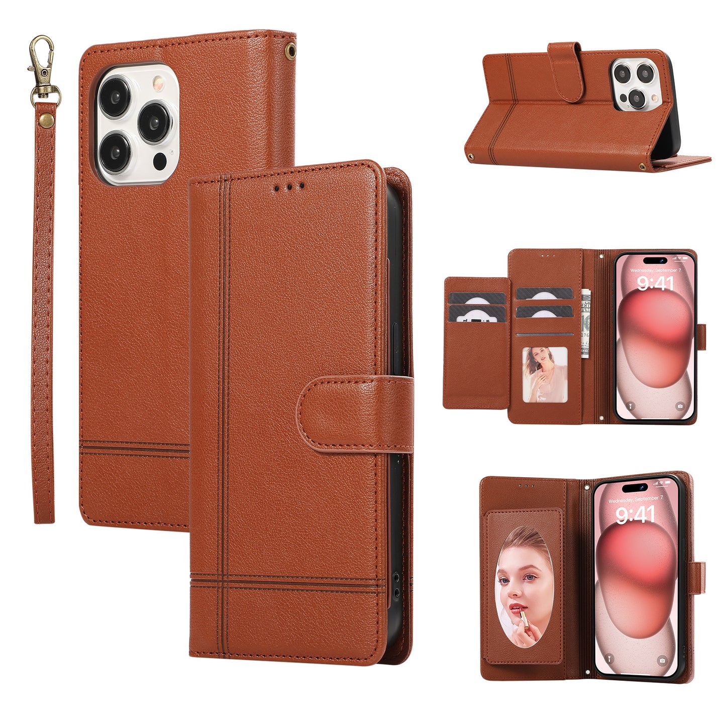 Étui portefeuille multi-cartes avec miroir pour Apple iPhone 7 Plus