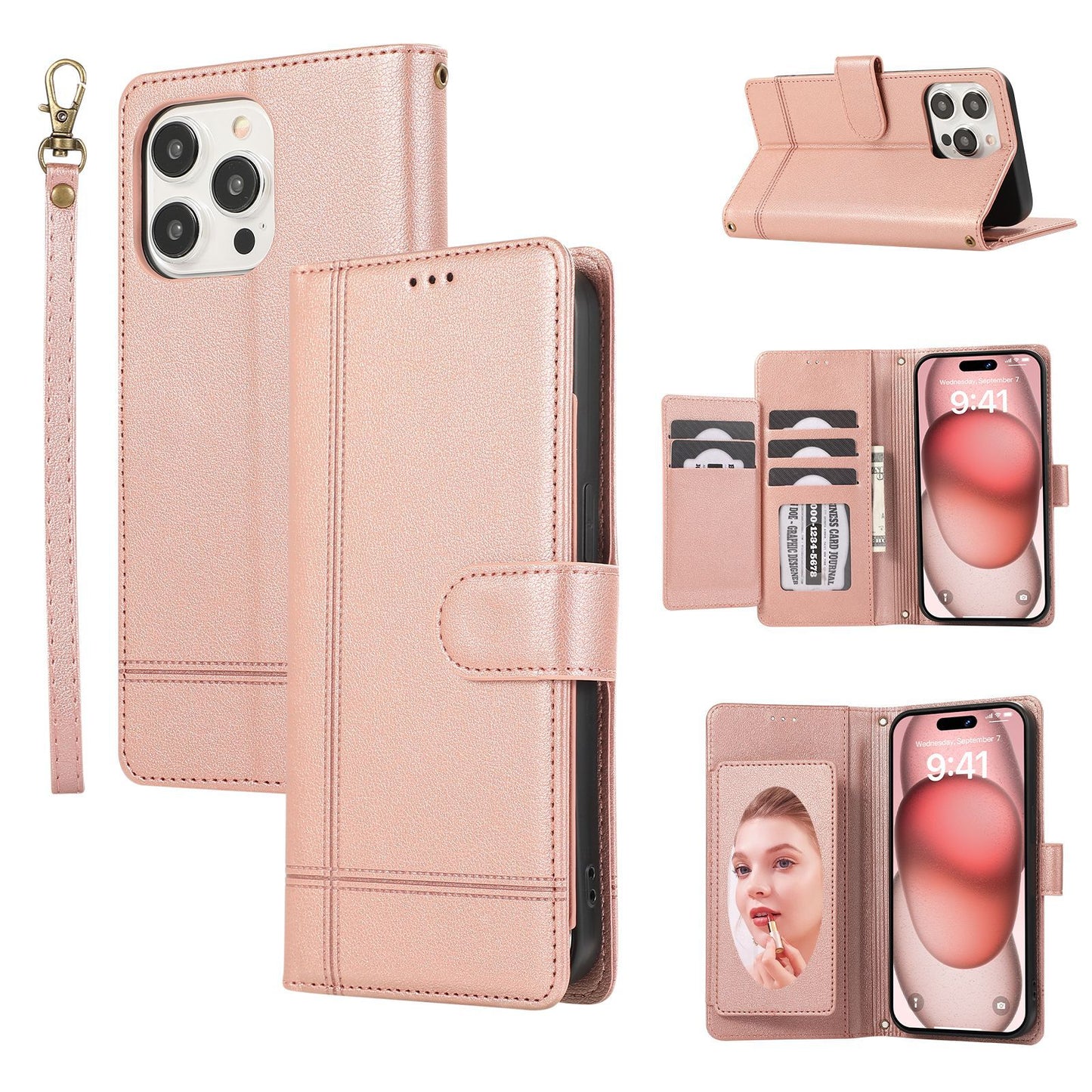 Étui portefeuille multi-cartes avec miroir pour Apple iPhone 7 Plus