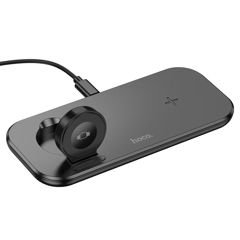 Tabletop wireless charger. For phone and watch or headset and watch. Up to 15W to phone, 5W to earbuds, and 2.5W to watch. Adjustable angle of watch charging pad. Slim, compact design