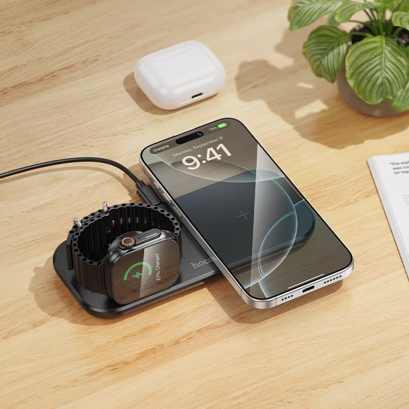 Tabletop wireless charger. For phone and watch or headset and watch. Up to 15W to phone, 5W to earbuds, and 2.5W to watch. Adjustable angle of watch charging pad. Slim, compact design