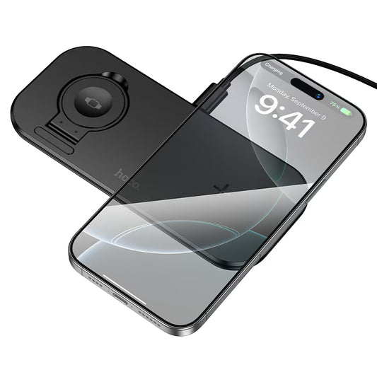 Tabletop wireless charger. For phone and watch or headset and watch. Up to 15W to phone, 5W to earbuds, and 2.5W to watch. Adjustable angle of watch charging pad. Slim, compact design
