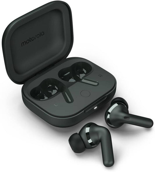MOTOROLA buds+|Sound by Bose, Dual Dynamic Drivers, 48dB ANC, Dolby Head Tracking Bluetooth Headset (Forest Gray, True Wireless) - Open box