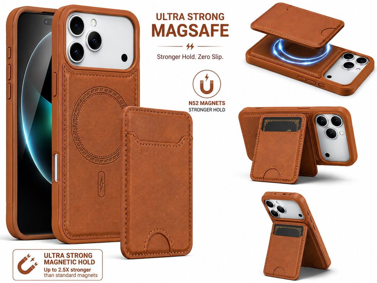 Ultra Strong Magnetic Leather Case with Detachable Card Holder for Apple Iphone 17 Pro / 18 Pro