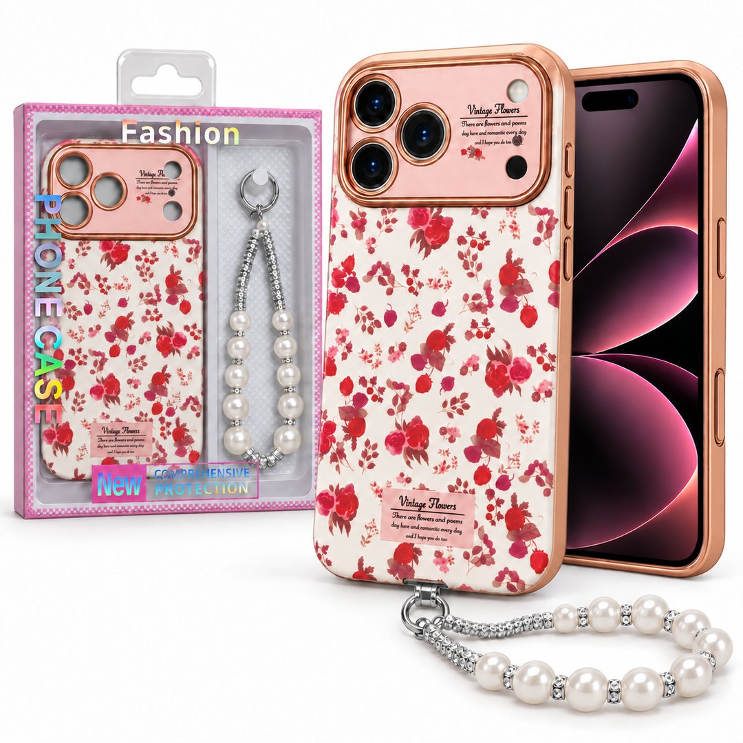 Vintage Print Case with Pearl Wrist Charm & Camera Protection For Apple Iphone 18 Pro