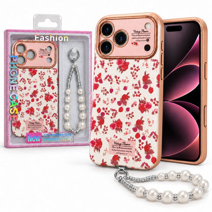 Vintage Print Case with Pearl Wrist Charm & Camera Protection For Apple Iphone 18 Pro