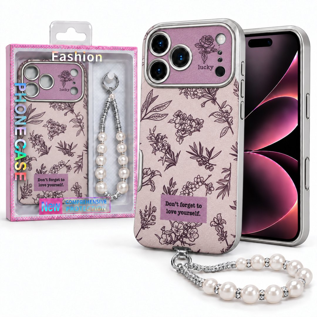 Vintage Print Case with Pearl Wrist Charm & Camera Protection For Apple Iphone 18 Pro