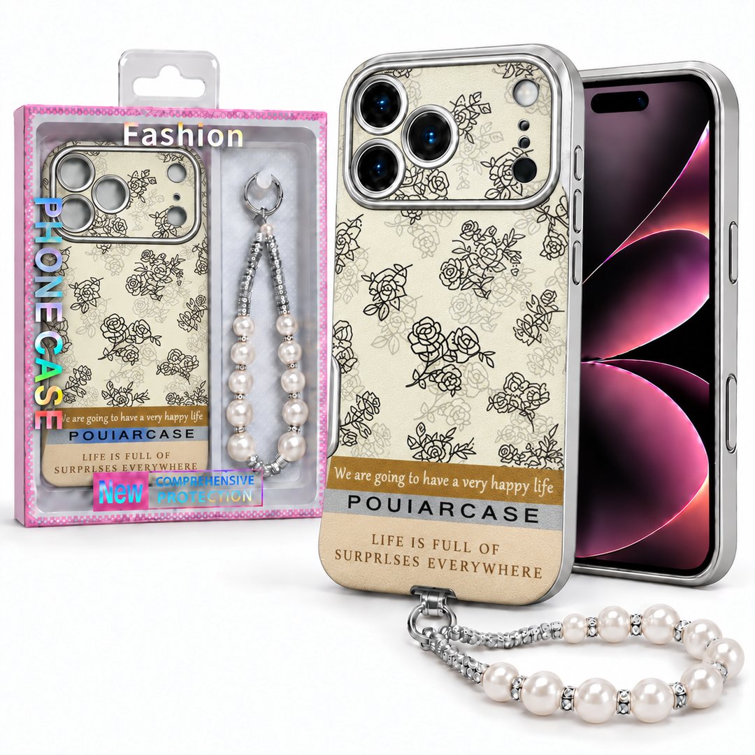 Vintage Print Case with Pearl Wrist Charm & Camera Protection For Apple Iphone 18 Pro