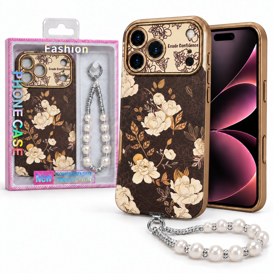 Vintage Print Case with Pearl Wrist Charm & Camera Protection For Apple Iphone 18 Pro