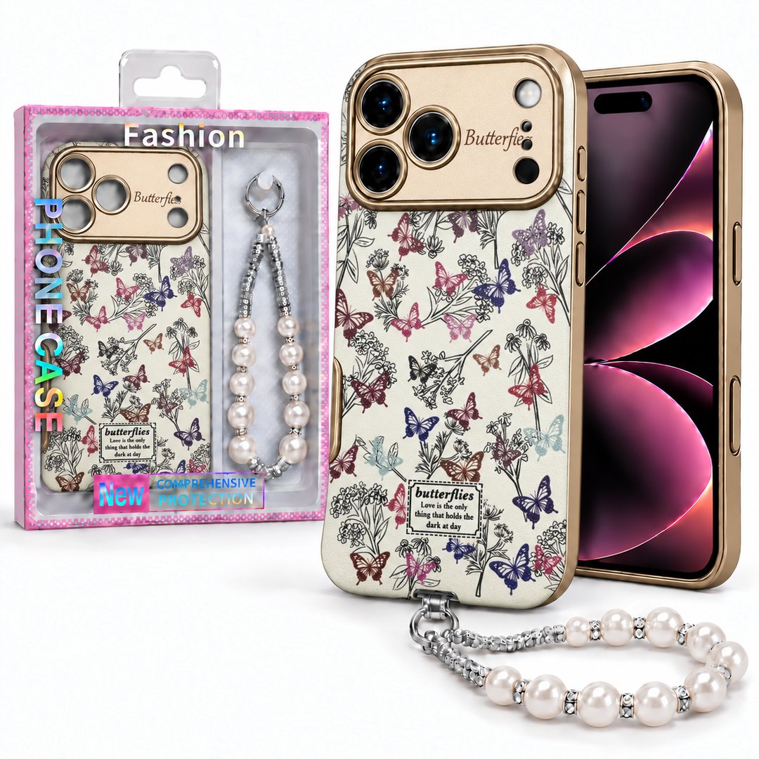 Vintage Print Case with Pearl Wrist Charm & Camera Protection For Apple Iphone 18 Pro