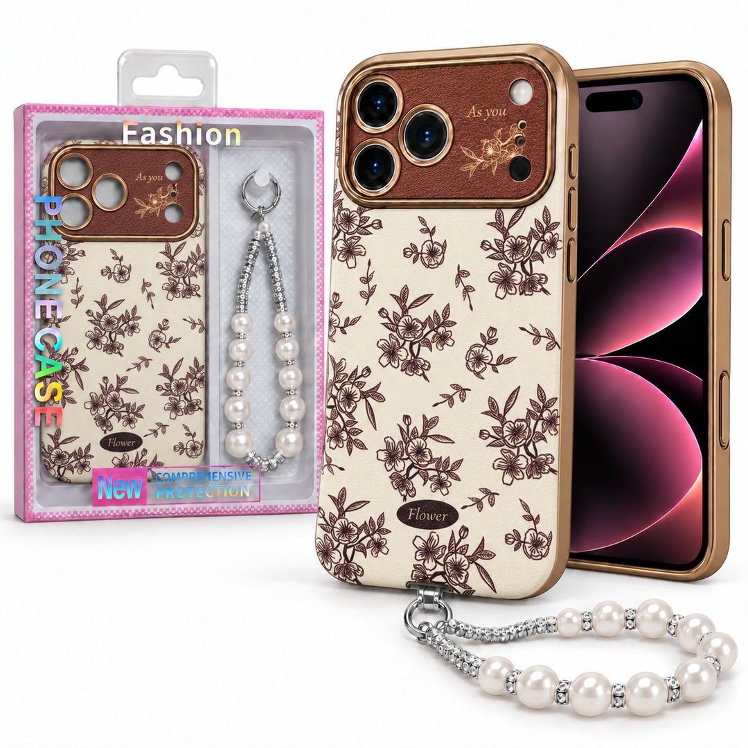 Vintage Print Case with Pearl Wrist Charm & Camera Protection For Apple Iphone 18 Pro