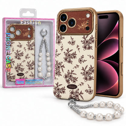 Vintage Print Case with Pearl Wrist Charm & Camera Protection For Apple Iphone 18 Pro